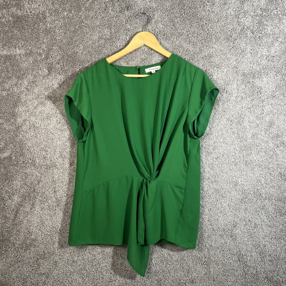 Monday Fun Shirt Womens XL Cinched Front Green Short Sleeve Button Back